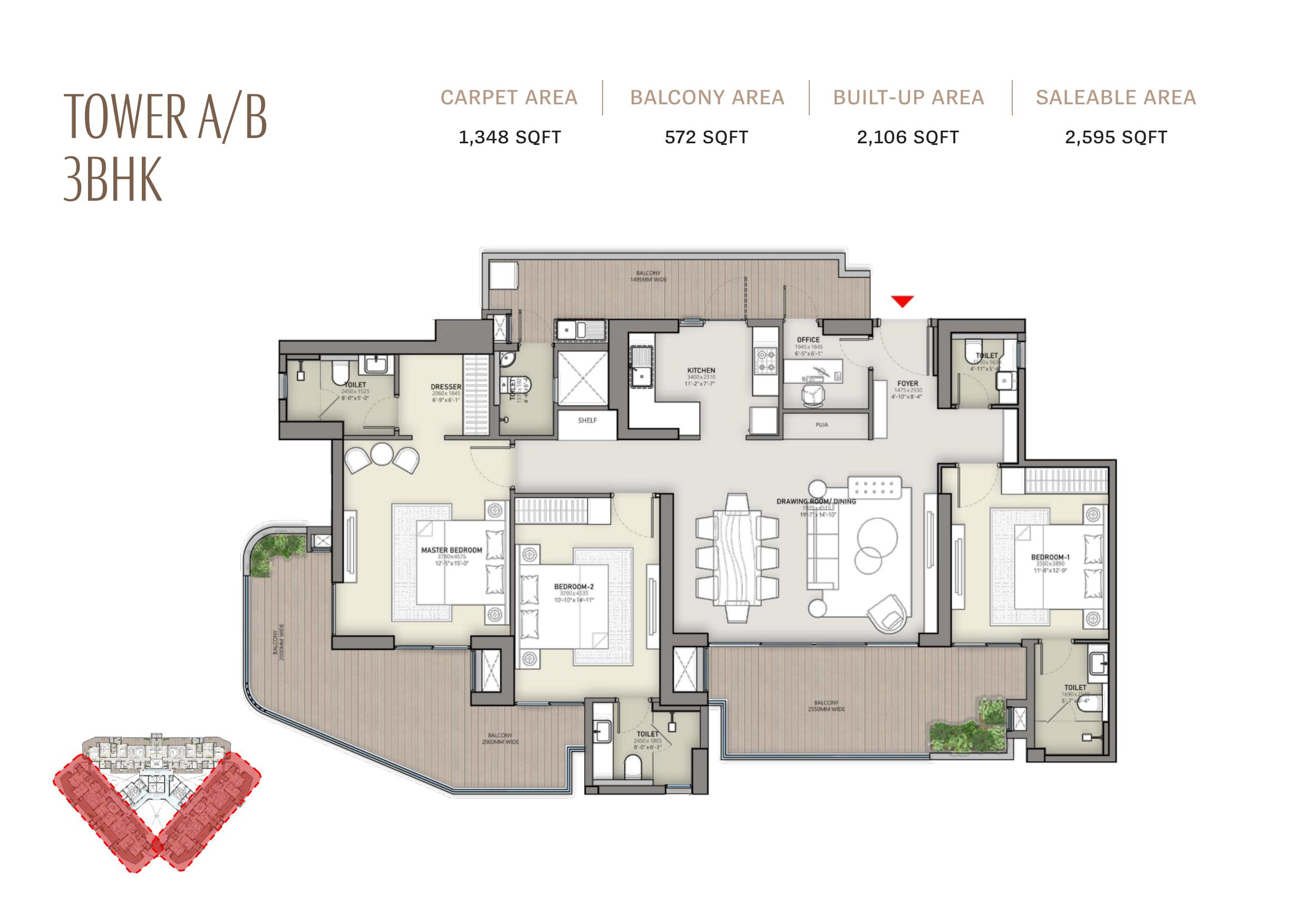 Tower A/B 3BHK — 2,595 Sq.Ft. Saleable