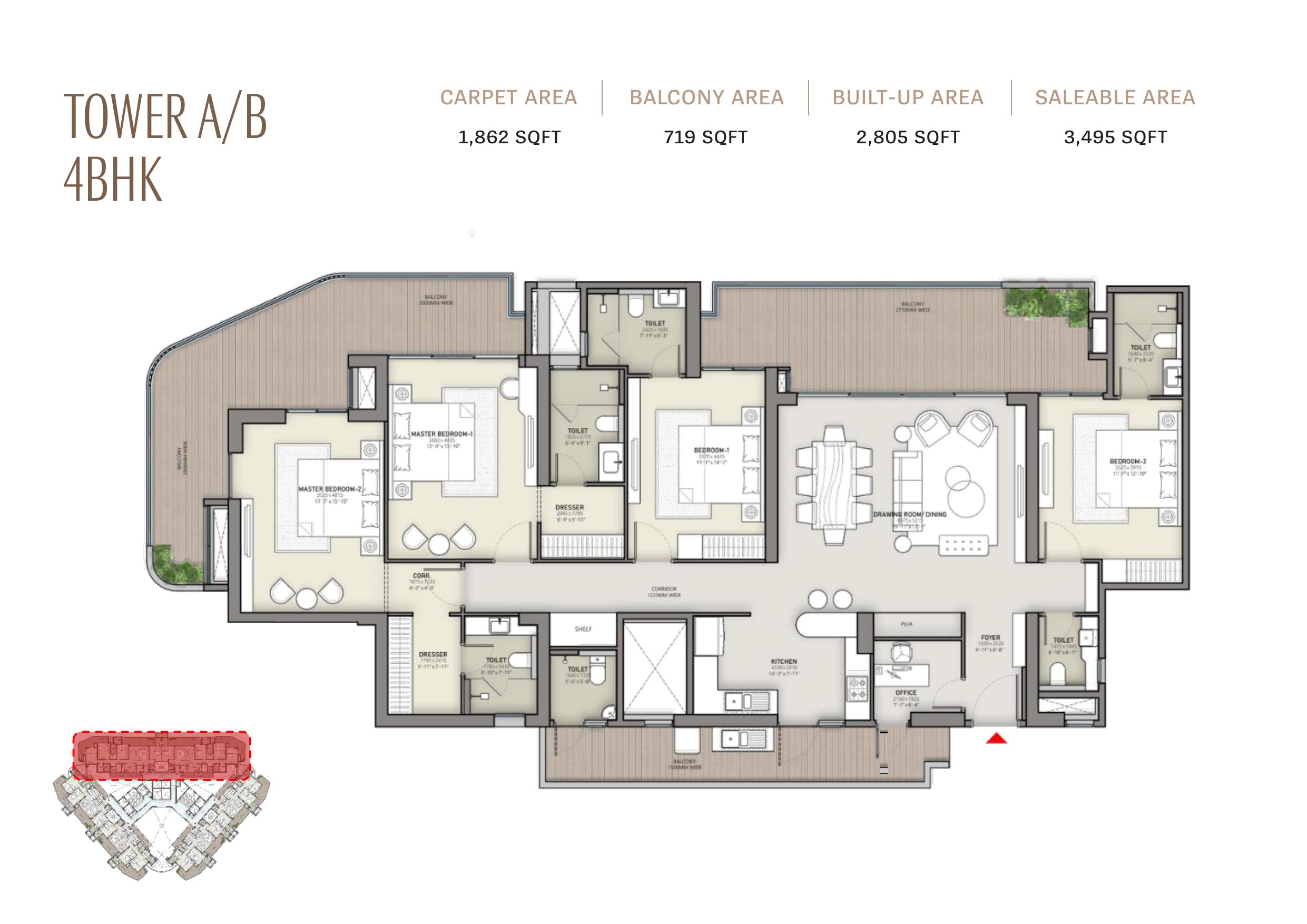 Tower A/B 4BHK — 3,495 Sq.Ft. Saleable