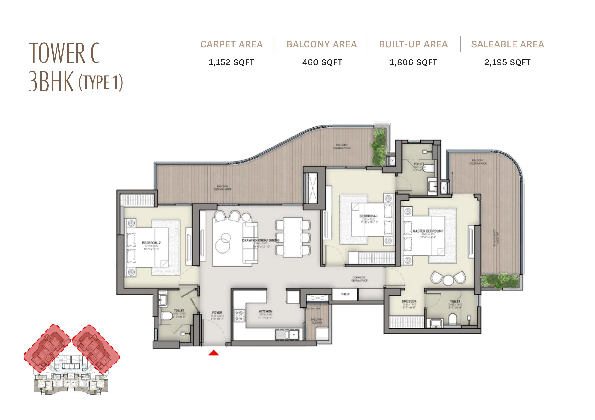 Tower C 3BHK (Type 1) — 2,195 Sq.Ft. Saleable
