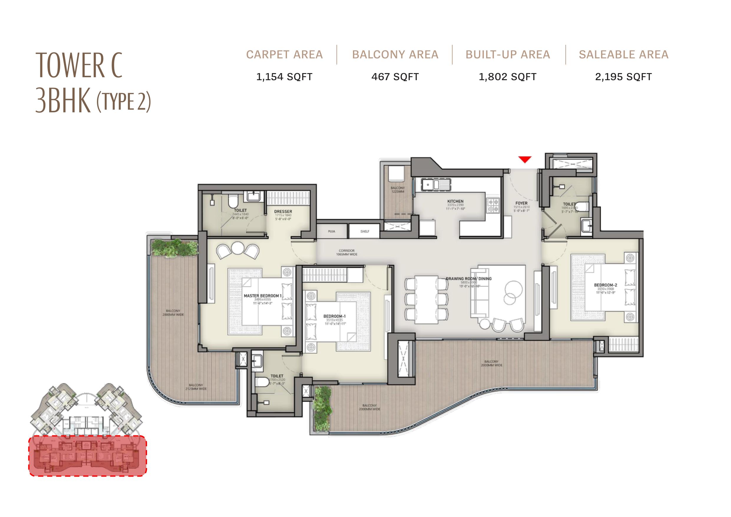 Tower C 3BHK (Type 2) — 2,195 Sq.Ft. Saleable